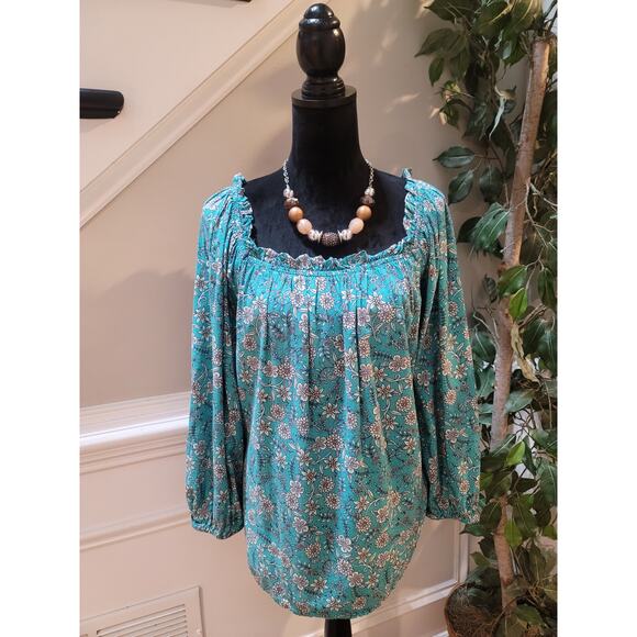 St. John’s Bay Floral Peasant Blouse Women’s 2X Blue Boho Long Sleeve Top - Picture 1 of 11